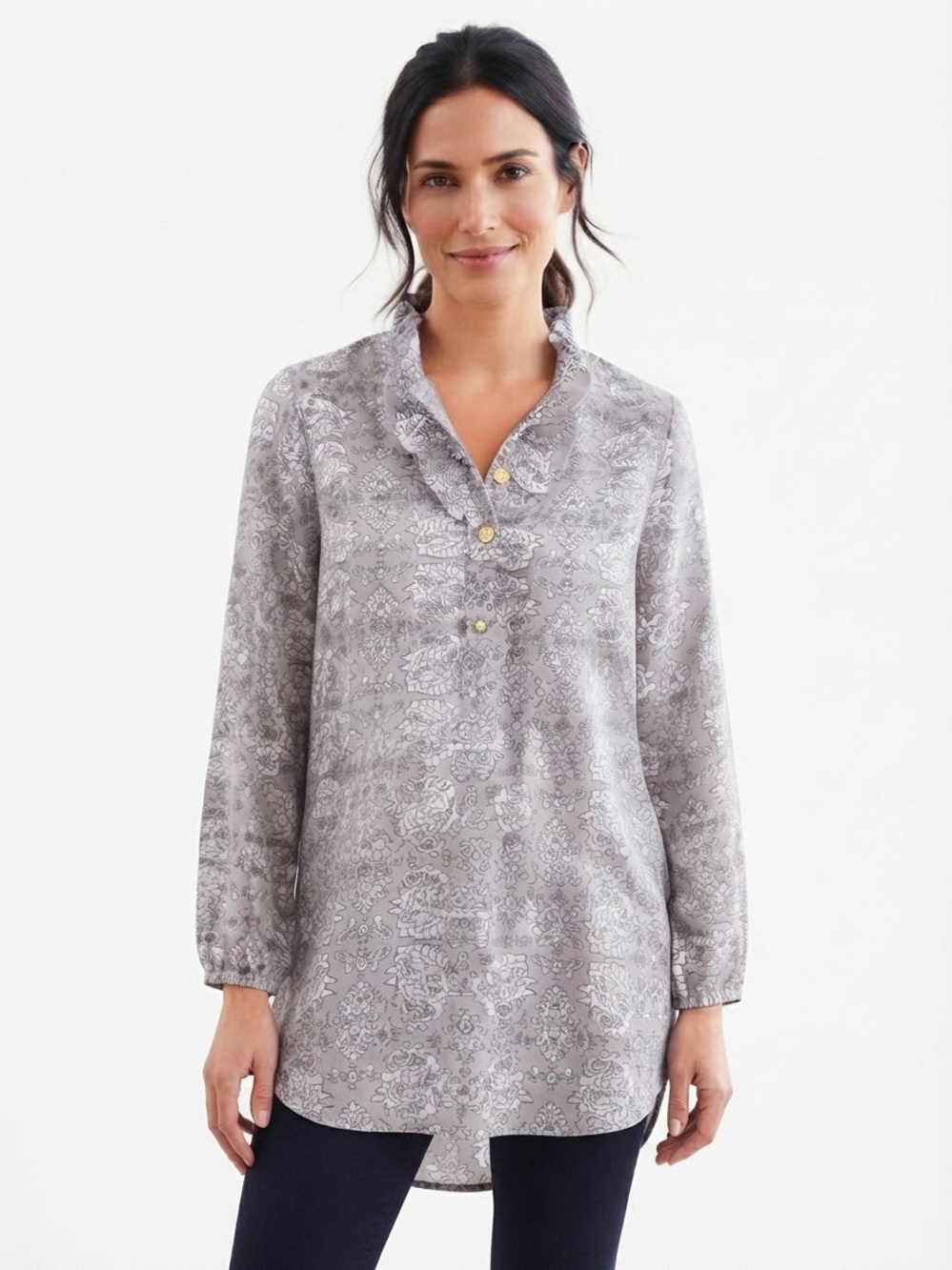 Mud Pie NWT Whitney Ruffle Neck Tunic Dress Top Gray Toile Paisley Floral Large